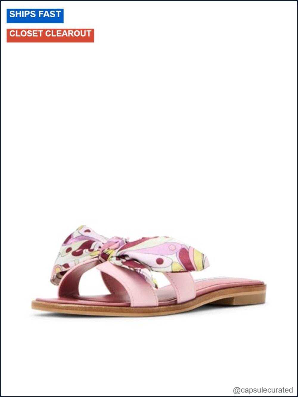 Women's Square Toe Slip On Leather Flat Sandals with Bow